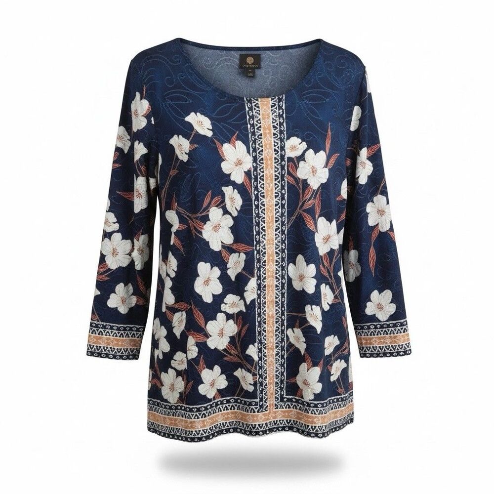 JM Collections Print Top Size 2X Blue Floral Fall Colors  Poly Spandex